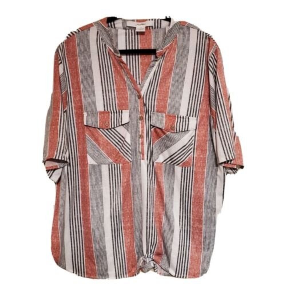 Love Potion Womens Blouse Size 3X Red Black Striped Short Sleeve Top Plus Comfy
